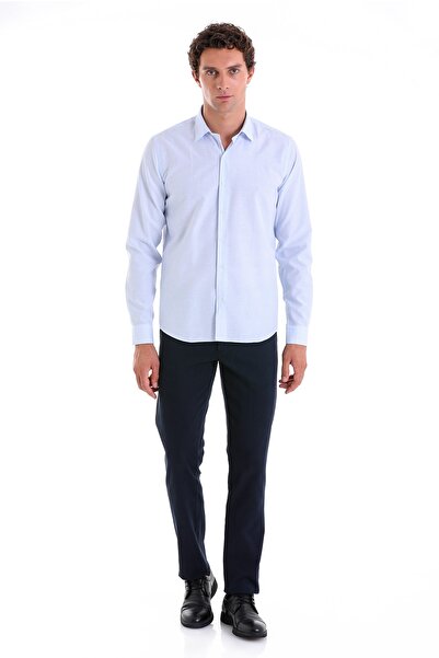 Hatemoğlu Mavi Comfort Fit Çizgili Pamuklu Slim Yaka Uzun Kollu Casual Gömlek