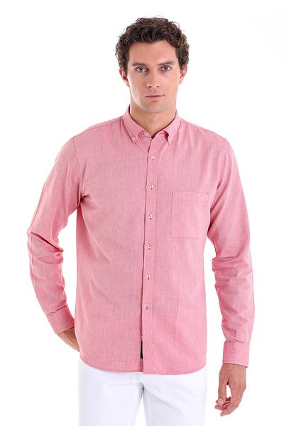 Hatemoğlu Cămașă oxford casual cu mânecă lungă, roșu claret, confortabil, uni, 100% bumbac, guler cu nasturi