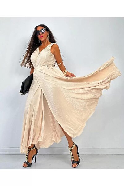 MİNEL ALA MODA KRUVAZE PİLİSELİ YIRTMAÇLI MAXİ ELBİSE
