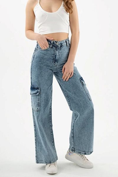 DRC trend Pantaloni de jeans cu talie super înaltă din lycra, albastru Cargo, largi la spate, fără buzunar