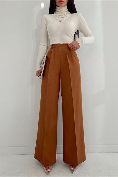 Ramrod Daisy Gold 90s Casual Fabric - Καφέ πλισέ φαρδύ παντελόνι Palazzo
