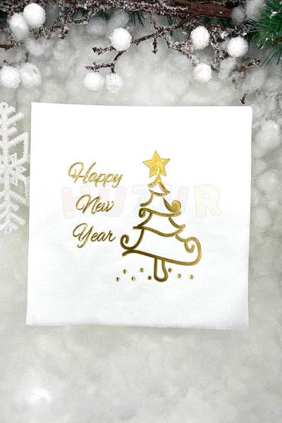 Huzur Party Store Gilded Christmas Napkin Happy New Year Pine Tree Shiny Printed White Color 16 Pieces 16x16 Cm