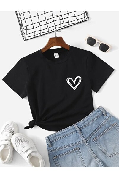 ZEMLİYA Черна детска тениска с принт на сърце - минималистичен дизайн