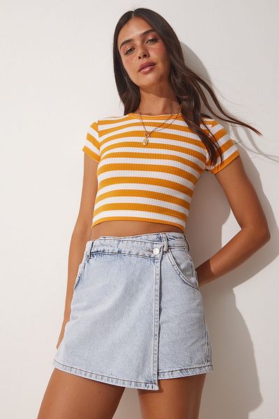 Happiness İstanbul Tricou cu dungi portocalii din bumbac tricotat CE00084