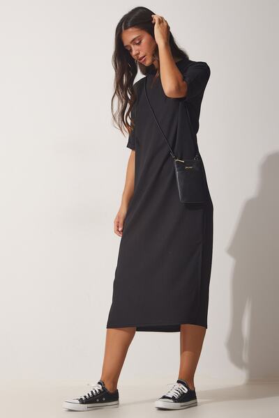 Happiness İstanbul Kadın Siyah Dokulu Günlük Midi Örme Elbise LH00037