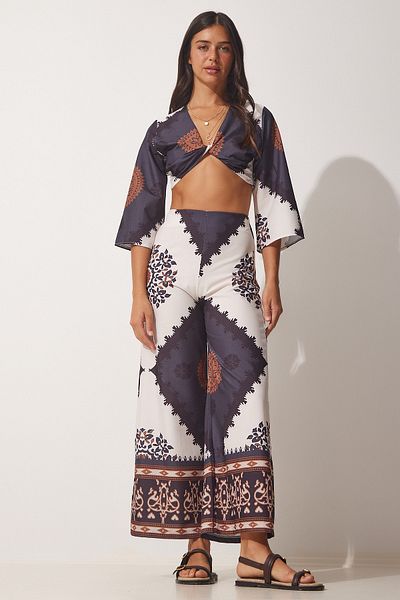 Happiness İstanbul Schwarzes gemustertes Sommer-Bluse-Hosen-Set für Damen DM00131