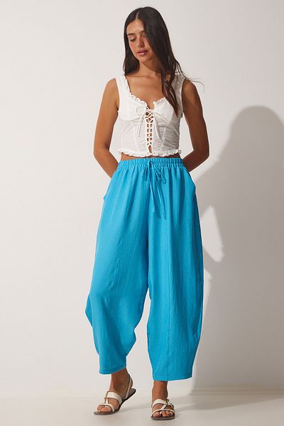 Happiness İstanbul Women's Blue Pocketed Ayrobin Shalwar Trousers OH00046