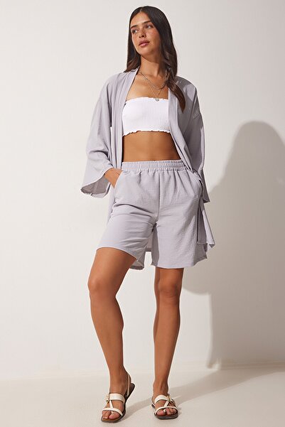 Happiness İstanbul Női, szürke, folyós Ayrobin kimonó rövidnadrág szett DZ00053