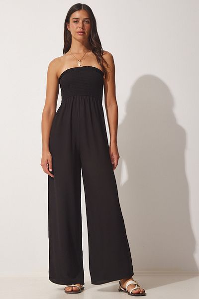 Happiness İstanbul Women's Black Strapless Viscose Woven Jumpsuit UB00114