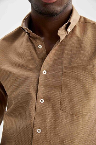 DeFacto Βαμβακερό μακρυμάνικο πουκάμισο με λεπτή εφαρμογή με λαιμόκοψη