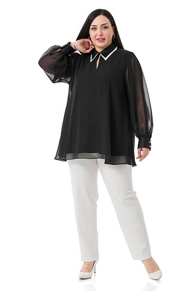 DISENTIS MODEST Plus Size Collar Double Layer Chiffon Lined Black Blouse