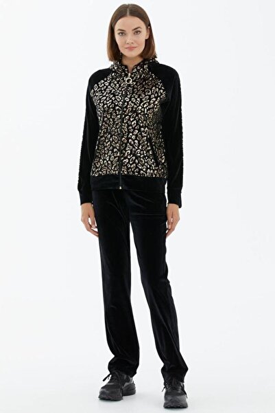 Sementa Kapüşonlu Altın Desenli Kadife Eşofman Takımı - Siyah