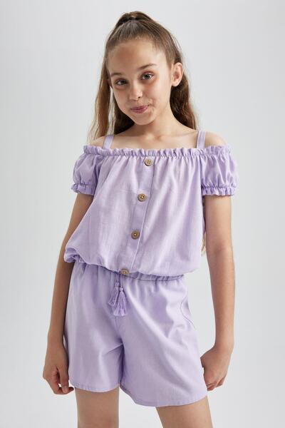 DeFacto Dziewczęca bluzka z krótkim rękawem, bez rękawów, o lnianym wyglądzie