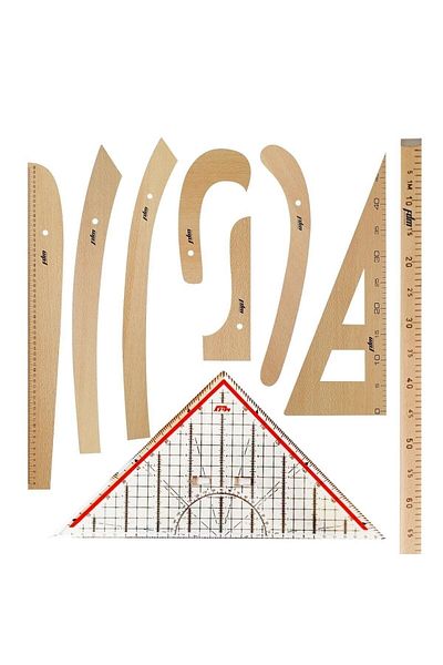 Bayar Kumaş 9 Piece Set - 7 Piece Wooden Riga Set, 1 Meter Wooden Ruler and Modelist Square