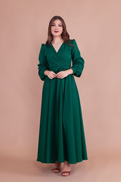 NO48 Σμαραγδένιο φόρεμα με διπλό στήθος με μακρύ μανίκι με κουμπιά και μακρύ φύλλο
