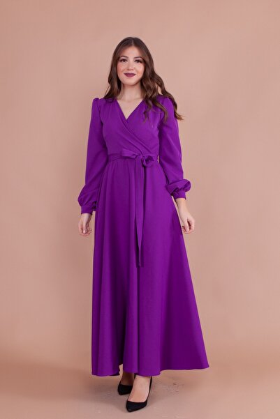 NO48 Μωβ Φόρεμα με διπλό στήθος με μακρύ μανίκι με κουμπιά με μανσέτα με ζώνη