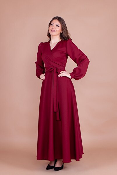 NO48 فستان بورجوندي بياقة مزدوجة الصدر وأكمام طويلة وأزرار وأكمام طويلة وحزام