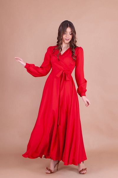 NO48 Red Double Breasted Collar Long Sleeve Buttoned Cuffed Long Length Belted Dress