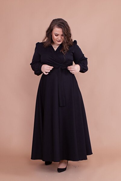 NO48 Rochie neagră cu gât dublu cu mânecă lungă, cu nasturi, cu manșetă, până la ceai, cu curea, mărime mare