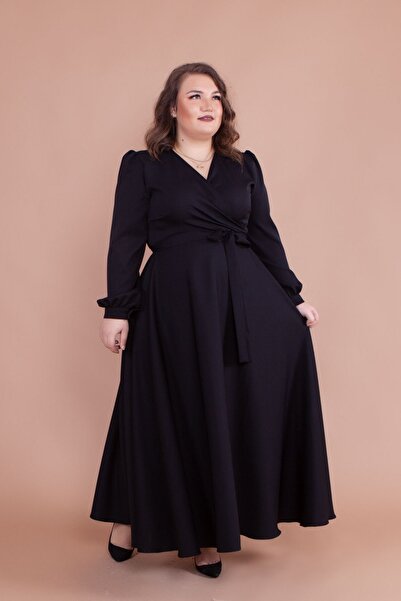 NO48 Rochie neagră cu gât dublu cu mânecă lungă, cu nasturi, cu manșetă, până la ceai, cu curea, mărime mare