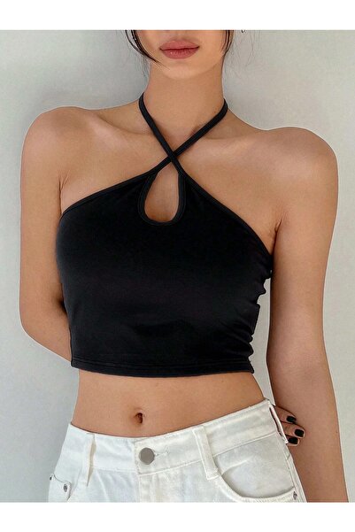 Liona Kadın Halter Yaka Siyah Renk Bağlamalı Crop Top Bluz