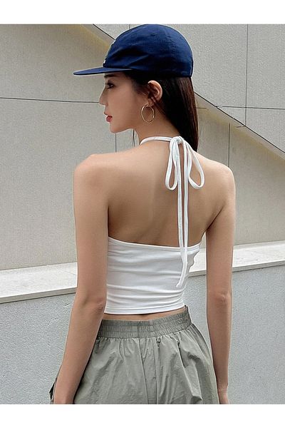 Liona Women's Halter Neck White Color Tie-Up Crop Top Blouse