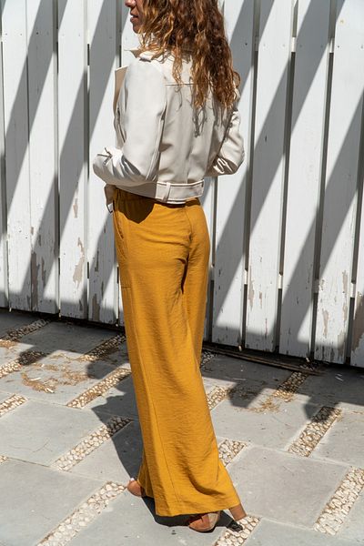 Güneşkızı Women's Mustard Linen Elastic Waist Loose Trousers GK-BST2933
