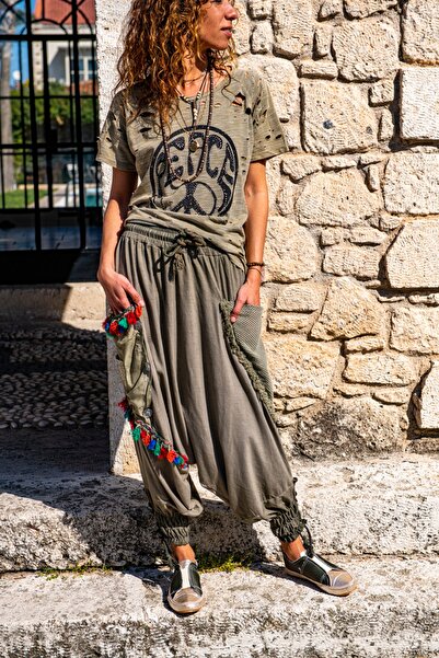 Güneşkızı Kadın Haki Yıkamalı Paçası Bağlamalı Püsküllü Salaş Şalvar Pantolon...