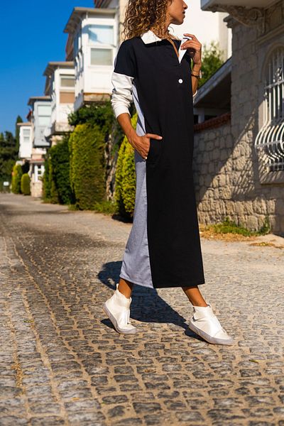 Güneşkızı Women's Black Polo Neck Color Block Long Loose Tracksuit Dress GK-TD2014