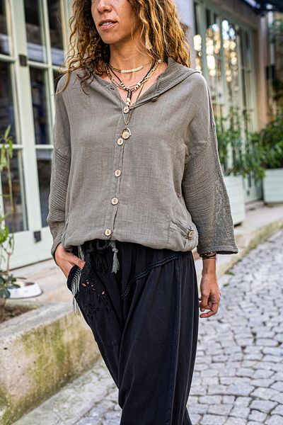 Güneşkızı Women's Khaki Washed Linen Mesh Tie Up Hooded Blouse GK-RSD2021