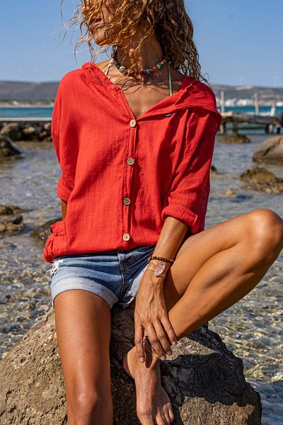 Güneşkızı Women's Coral Washed Linen Mesh Tie Up Hooded Blouse GK-RSD2021