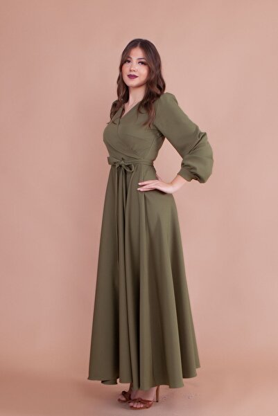 NO48 Χακί Φόρεμα με διπλό στήθος με μακρύ μανίκι με κουμπιά και μακρύ φύλλο