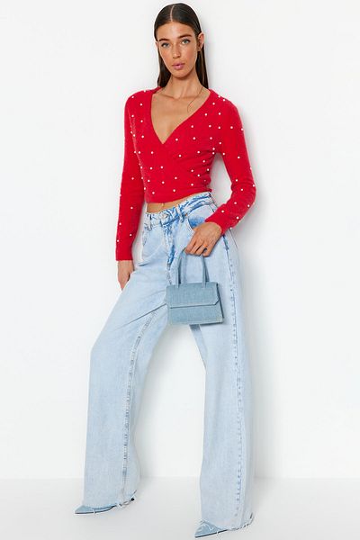 Trendyol Collection Fuchsia Super Crop Feathered Pearl Detailed Sweater TWOAW24KZ00228