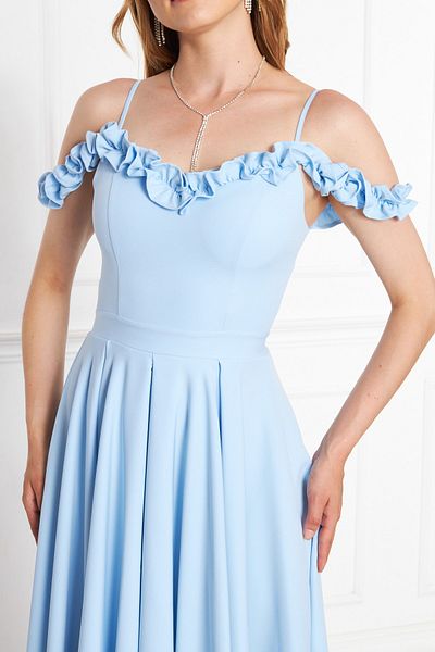 lovebox Rochie de seară midi, evazată, pliată, cu volană, cu bretele ajustabile din țesătură Atlas 421