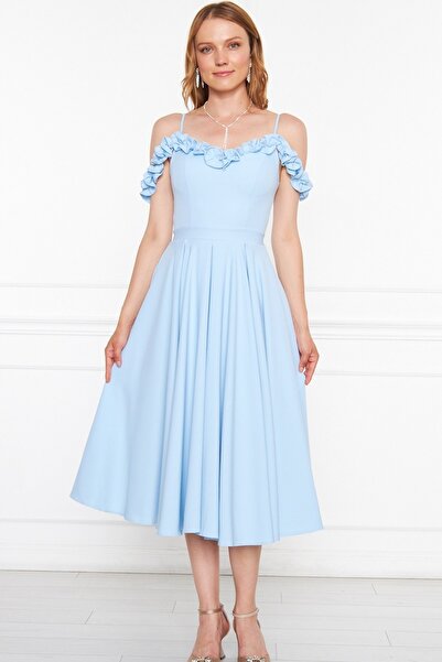 lovebox Atlas Fabric Nastavitelný popruh Volán Detailní límec Skládaný večerní šaty Midi Baby Blue 421