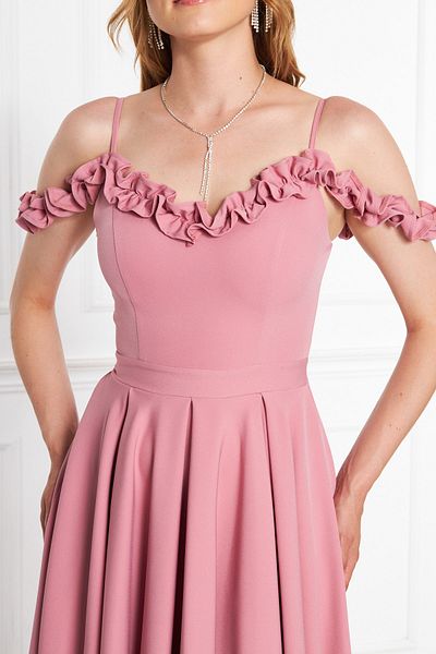 lovebox Abendkleid 421 aus Atlasstoff mit verstellbaren Trägern, Rüschenkragen, plissiertem, ausgestelltem Midikleid in Altrosa
