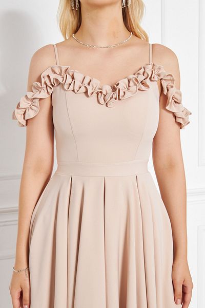 lovebox Cremefarbenes Abendkleid 421, Midi, mit verstellbaren Trägern, Rüschenkragen, Plissiert, ausgestellt
