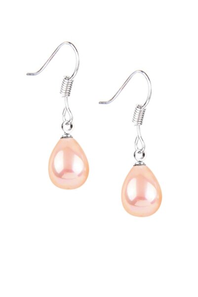 bymissmücevherat 925 Ayar Gümüş Damla Pembe Inci Küpe - Yuvarlak Sallantılı Kanca Model