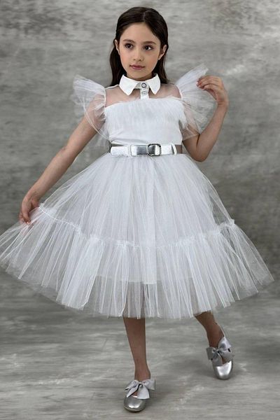 Riccotarz Girl's Shirt Collar Chest and Sleeves Tulle Detailed Wednesday White Dress