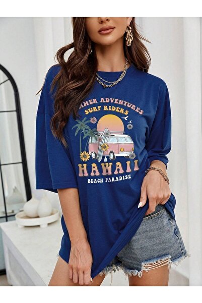 mercoledi تي شيرت نسائي مطبوع عليه Surf Riders مقاس كبير كاجوال Boyfirend