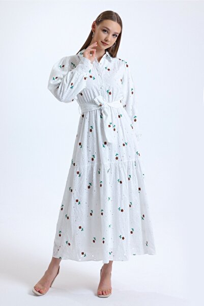 MD trend Women's Brown Belted Floral Embroidered Shirt Collar Balloon Sleeve Lined Long Embroidery Dress