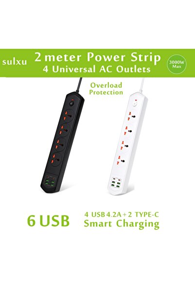 Teknomila 6 Usb'li 4'lü Çoklu Priz 2 M Kablolu Akım Korumalı Anahtarlı Uzatma Grup Priz 3000W