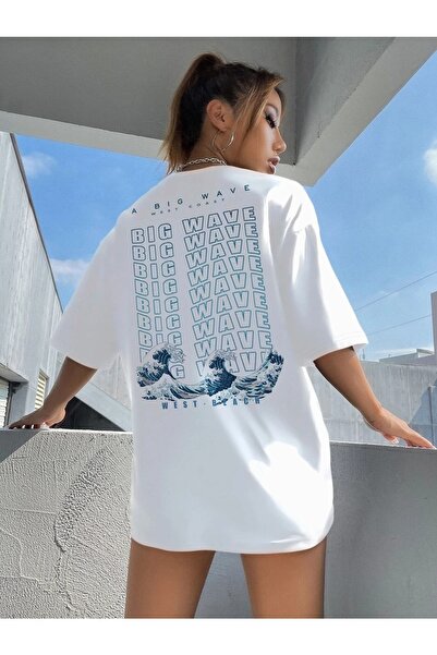 mercoledi تي شيرت نسائي كبير الحجم مطبوع عليه Big Wave كاجوال Boyfirend