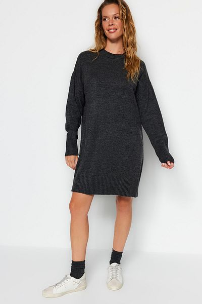 Trendyol Collection Super Wide Fit Soft Textured Anthracite Mini Knitwear Dress - Twoaw24El00035
