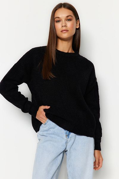 Trendyol Collection Pulover negru de tricotaje cu gât roșu Boucle TWOAW24KZ00406