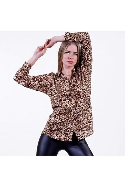 Exve Exclusive Brown Black Leopard Pattern Breathable Woven Women's Viscose Long Shirt Tunic Brown