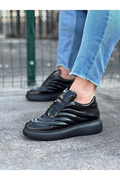 Paolo Zaccardi P094 Pantofi sport pentru bărbați, cu șireturi, cu talpă ortopedică înaltă/groasă, din piele lăcuită, ST negru