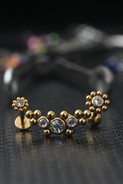 depozoom Cerrahi Çelik Zirkon Taşlı Kıkırdak Ve Tragus 3'lü Set 8 Mm Gold