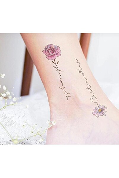 petit bijou Unisex Minimal Yazılı Gül , papatya Dövme,Kol,El,Sırt,Göğüs Çiçek Geçici Dövmesi,Tattoo