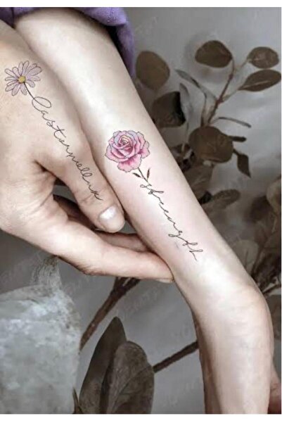 petit bijou Unisex Minimal Yazılı Gül , papatya Dövme,Kol,El,Sırt,Göğüs Çiçek Geçici Dövmesi,Tattoo